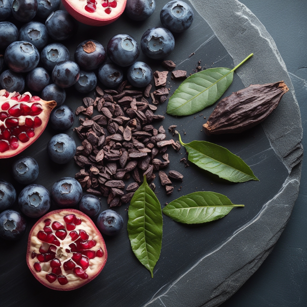 Dark purple blueberries, sliced red pomegranate, green tea leaves and dark cocoa nibs arranged on a polished dark stone surface demonstrating polyphenol-rich food sources