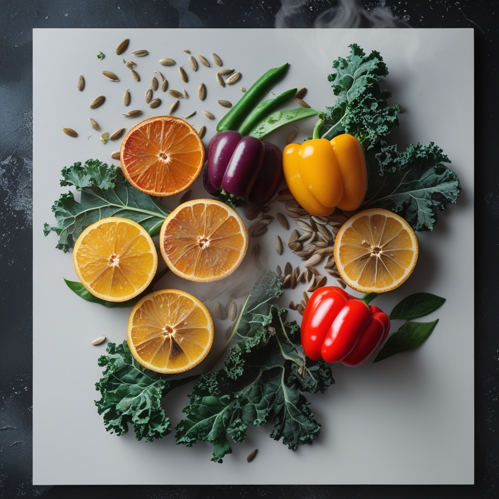 Fresh citrus fruits cut in half alongside colourful bell peppers, kale leaves and sunflower seeds on a bright white surface demonstrating vitamin-rich whole food sources