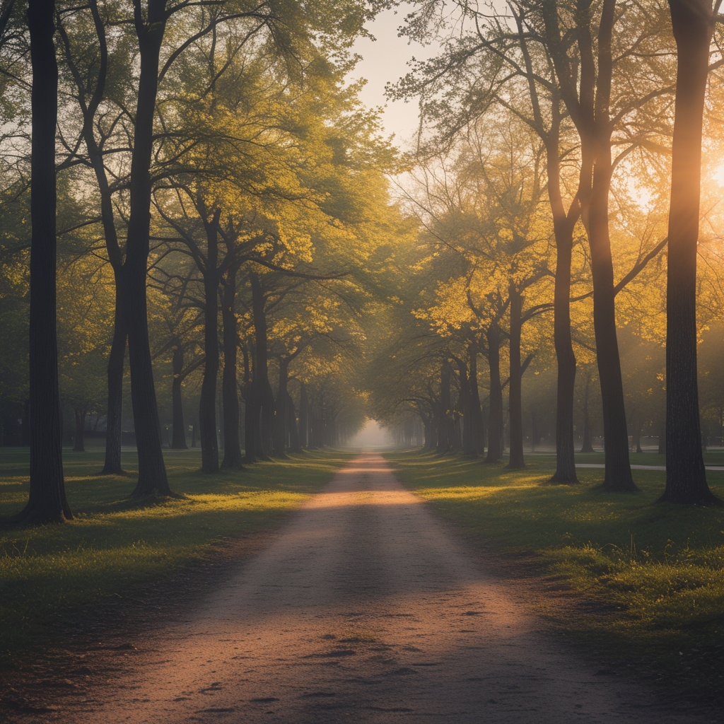 Early morning outdoor environment with a running path through a park lined with tall trees, soft golden sunlight filtering through the canopy, empty and serene